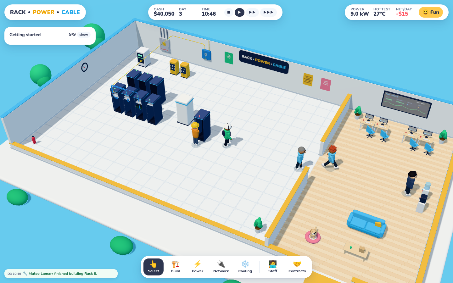 Isometric view of a bright, playful server room with racks, a UPS, PDUs, a CRAC cooler, workers, and an office with desks, a couch and a dog bed.