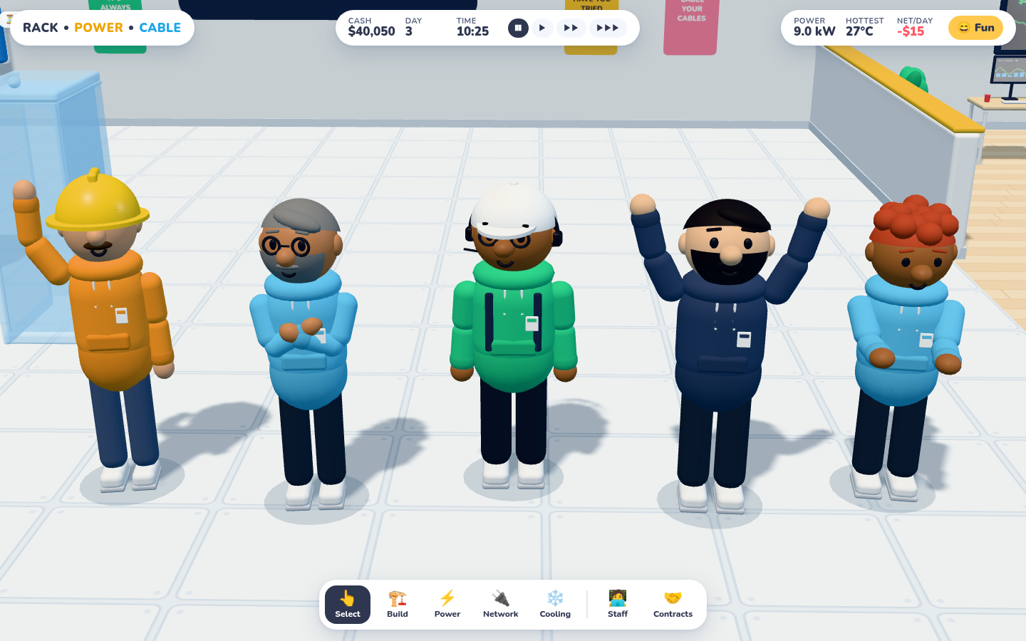 Five cartoon workers in coloured hoodies: one waving in a hard hat, one with crossed arms and glasses, one in a cap with a headset, one cheering with a beard, and one typing.