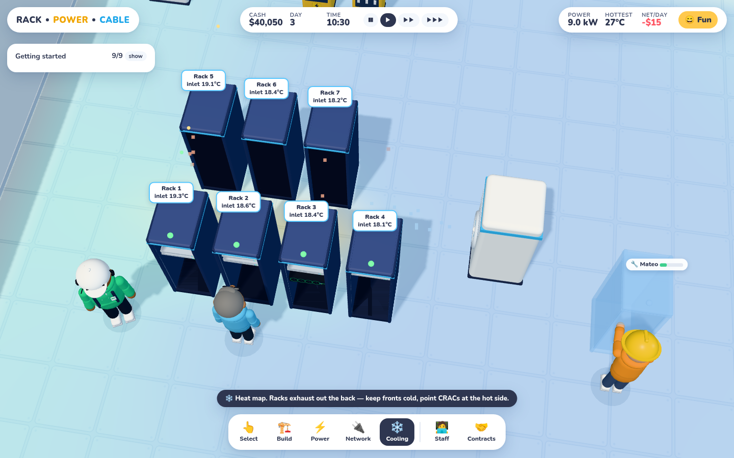 Cooling overlay with blue floor, racks with inlet temperatures around 18 to 19 degrees.