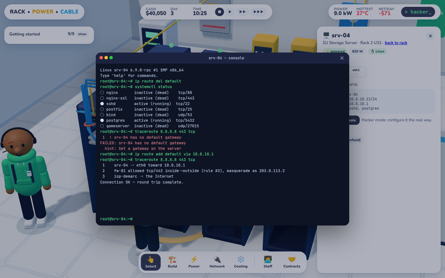 A terminal window over the game showing systemctl status, a failed traceroute due to no default gateway, then a successful one after adding a route.