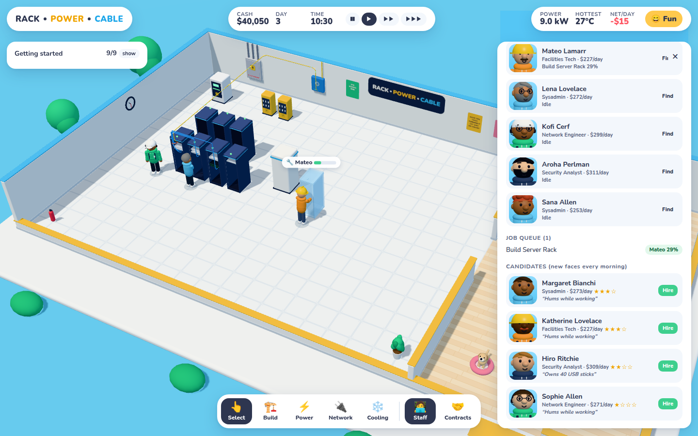 Staff panel with rendered portraits of the team, a job queue, and candidates with Hire buttons.