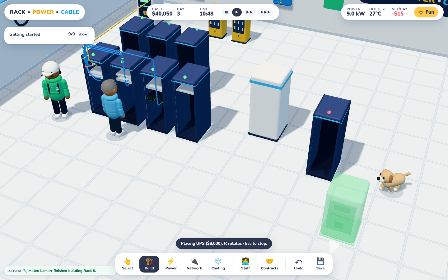 Racks, a CRAC and a green placement ghost, each sitting neatly inside one raised-floor tile.