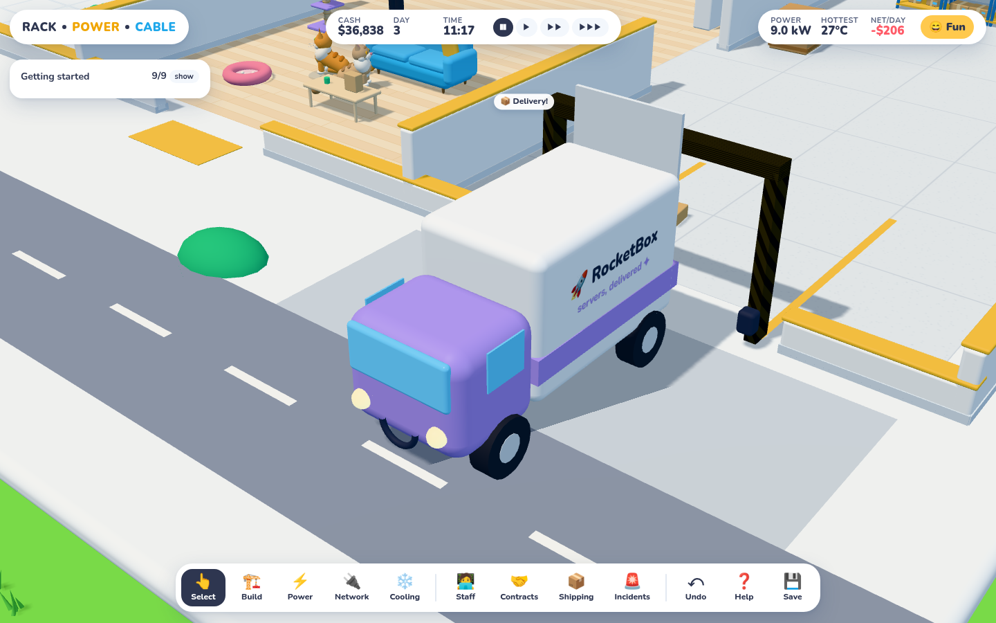 A white-and-purple RocketBox delivery van with a rocket logo, backed up to the striped dock door of the receiving room, with a Delivery! bubble above it.
