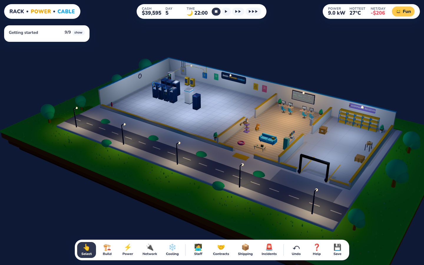 The datacenter at 22:00: a dark navy sky, the island in shadow, streetlamps casting warm pools on the road, the server room lit cool white, the office warm, the staff gone home and two cats still up.