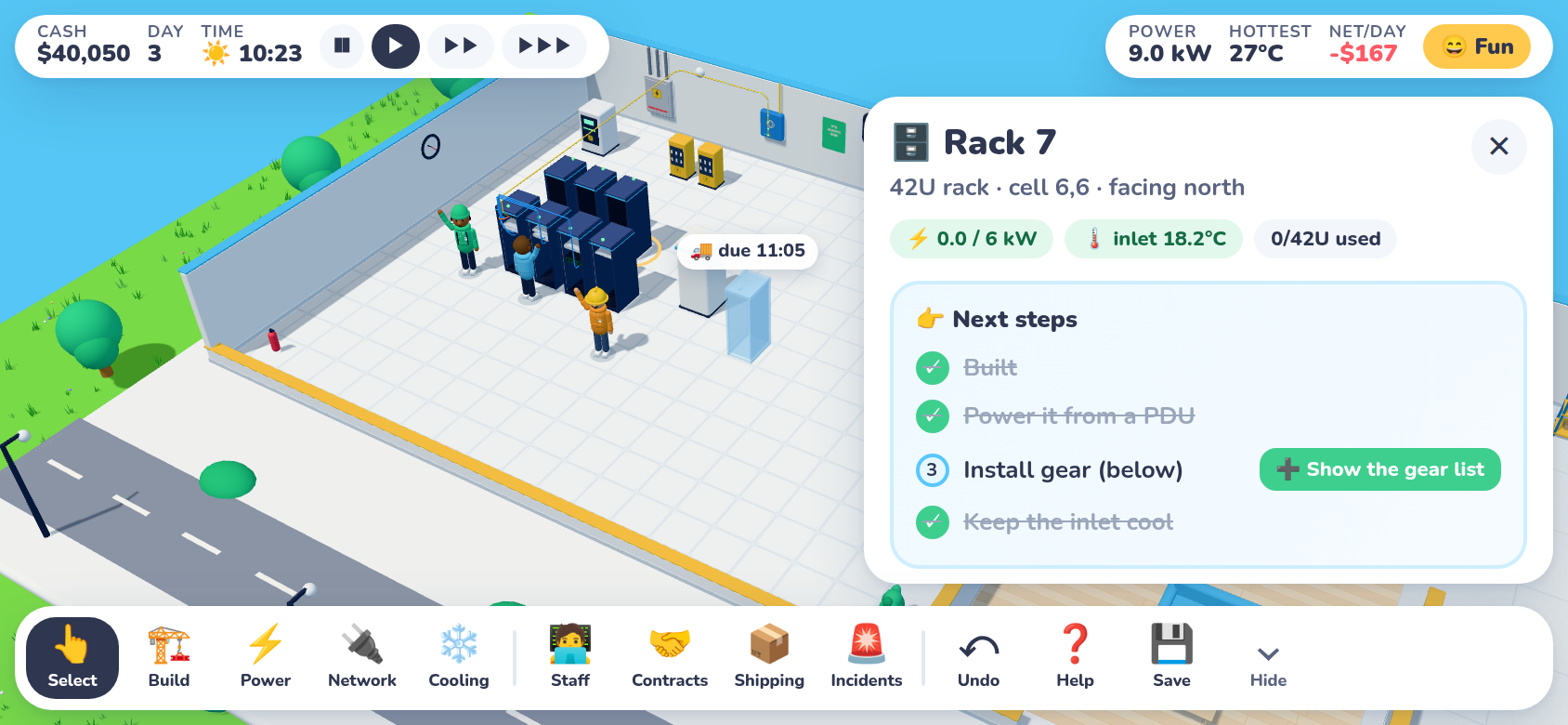 The game on a phone in landscape: stats split into left and right pills, the room on the left, and a Rack 7 panel on the right with Next steps showing 'Install gear' as current.